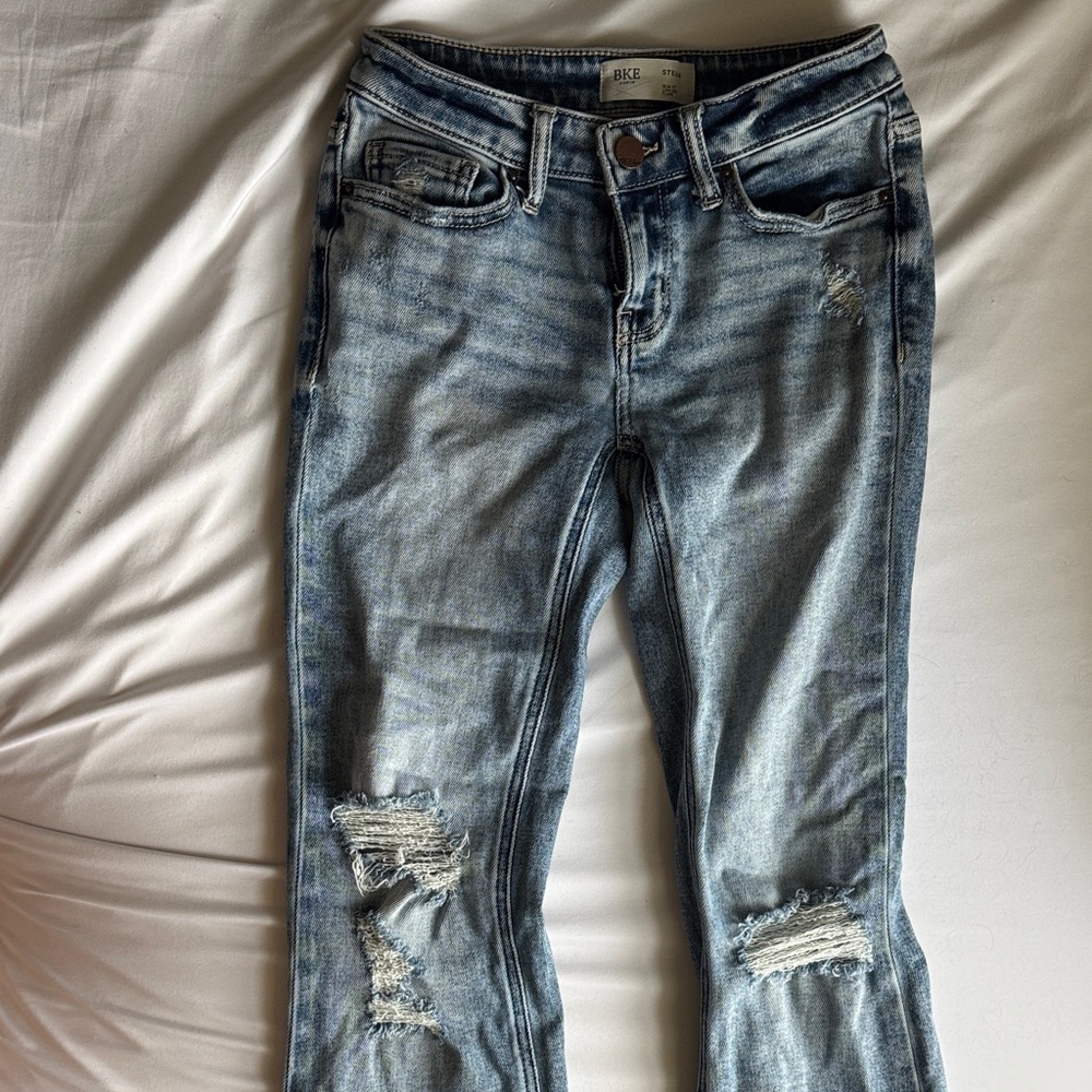 BKE Light Blue Distressed Flare Jeans